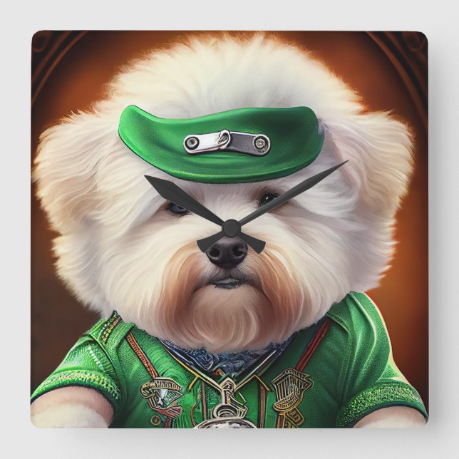 Bichon Frisé Dog Driving Bike St. Patrick's Day Square Wall Clock (Front)