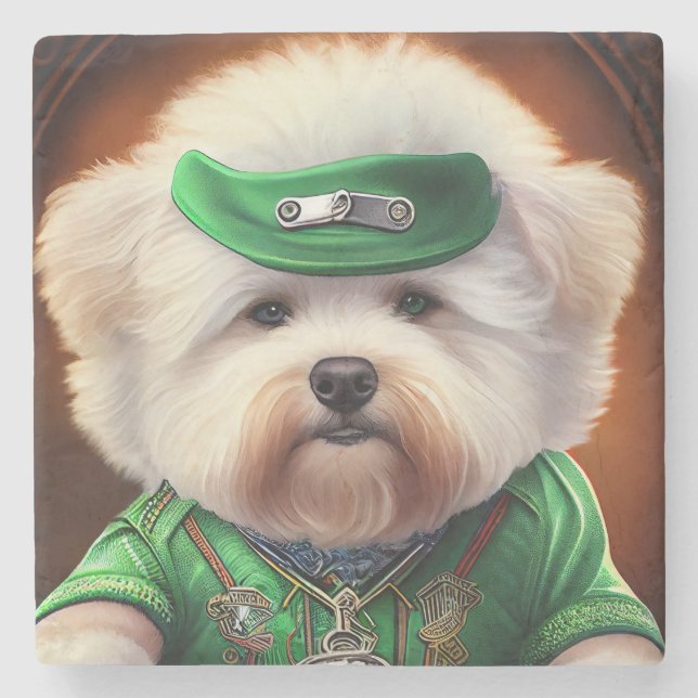 Bichon Frisé Dog Driving Bike St. Patrick's Day Stone Coaster (Front)