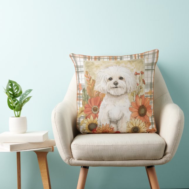 Bichon Frise Dog Fall Watercolor Flowers Cushion (Chair)