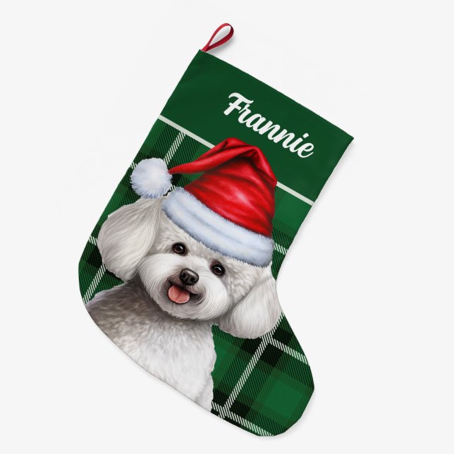 Bichon Frise Dog Holiday Green Plaid Dog's Name Large Christmas Stocking (Front (Hanging))