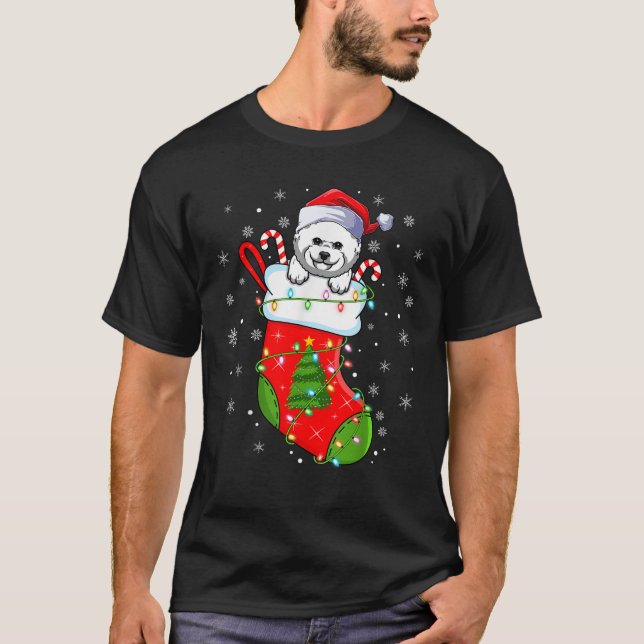 Bichon Frise Dog In Christmas Socks Lights Xmas  f T-Shirt (Front)