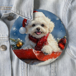 Bichon Frise Dog in Sledge Let it Snow Christmas  6 Cm Round Badge