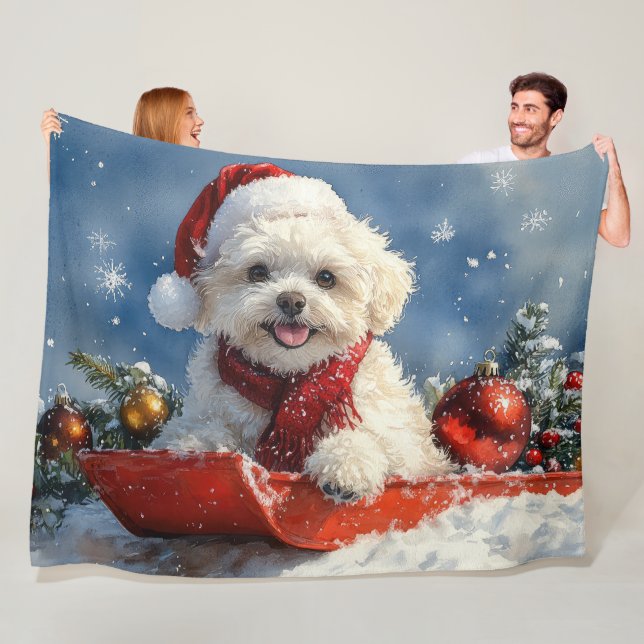 Bichon Frise Dog in Sledge Let it Snow Christmas  Fleece Blanket (In Situ)