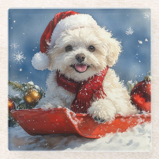 Bichon Frise Dog in Sledge Let it Snow Christmas  Glass Coaster (Front)