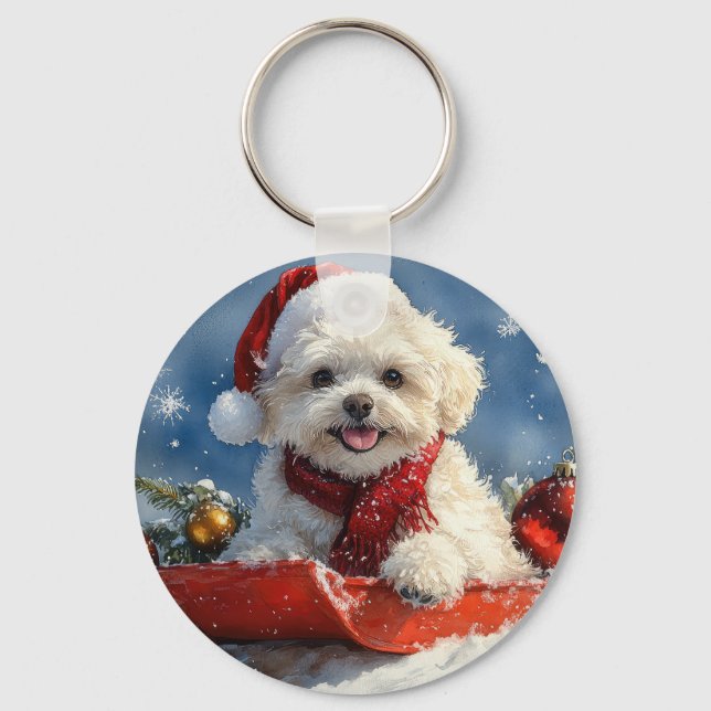 Bichon Frise Dog in Sledge Let it Snow Christmas  Key Ring (Front)