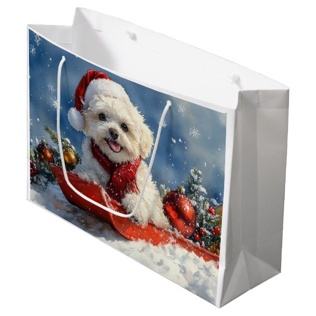 Bichon Frise Dog in Sledge Let it Snow Christmas  Large Gift Bag (Front Angled)