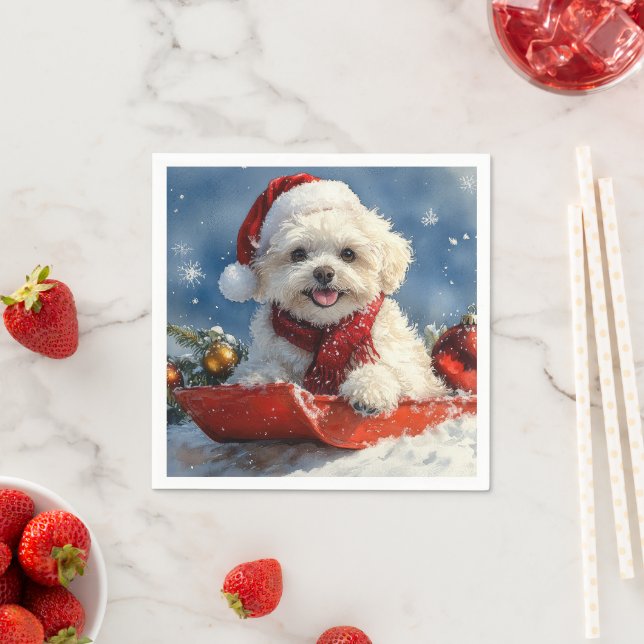 Bichon Frise Dog in Sledge Let it Snow Christmas  Napkin (Insitu)