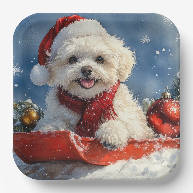 Bichon Frise Dog in Sledge Let it Snow Christmas  Paper Plate (Front)