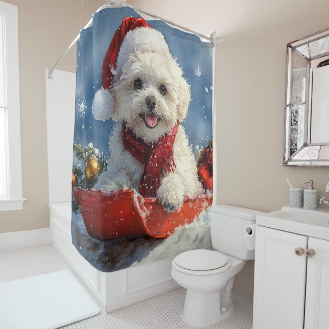 Bichon Frise Dog in Sledge Let it Snow Christmas  Shower Curtain (In Situ)