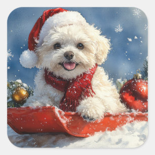 Bichon Frise Dog in Sledge Let it Snow Christmas  Square Sticker