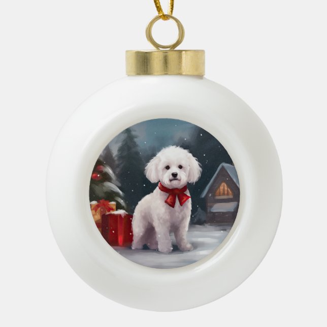 Bichon Frise Dog in Snow Christmas  Ceramic Ball Christmas Ornament (Front)