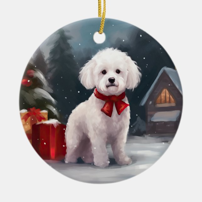 Bichon Frise Dog in Snow Christmas  Ceramic Tree Decoration (Front)
