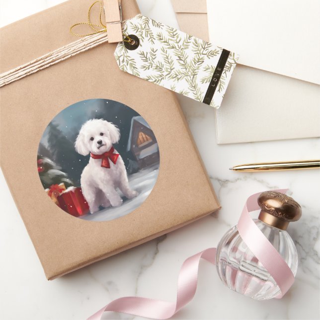 Bichon Frise Dog in Snow Christmas  Classic Round Sticker (Gifting)
