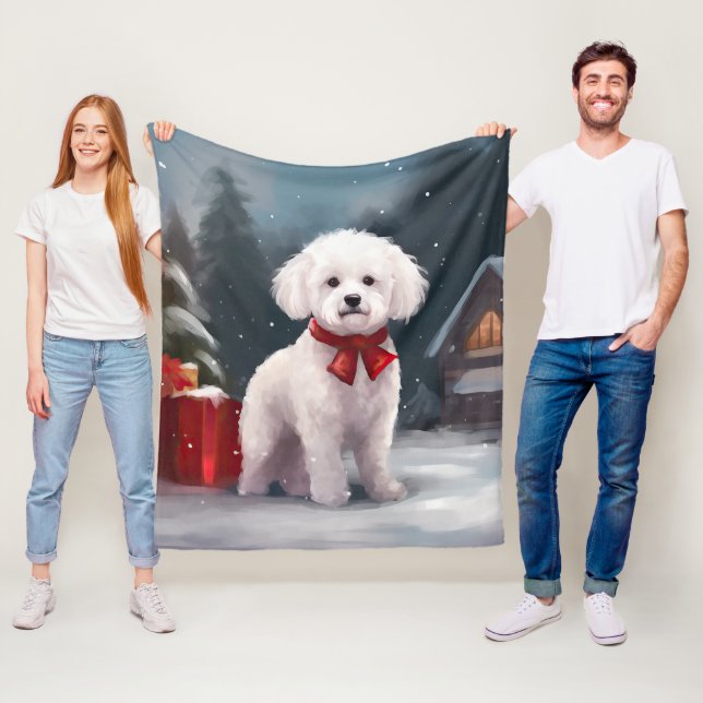 Bichon Frise Dog in Snow Christmas  Fleece Blanket (In Situ)