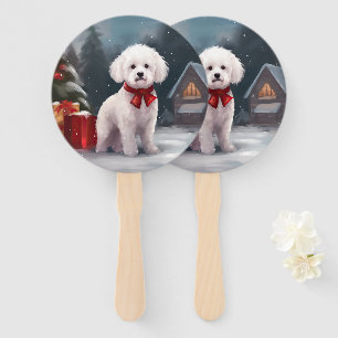 Bichon Frise Dog in Snow Christmas  Hand Fan