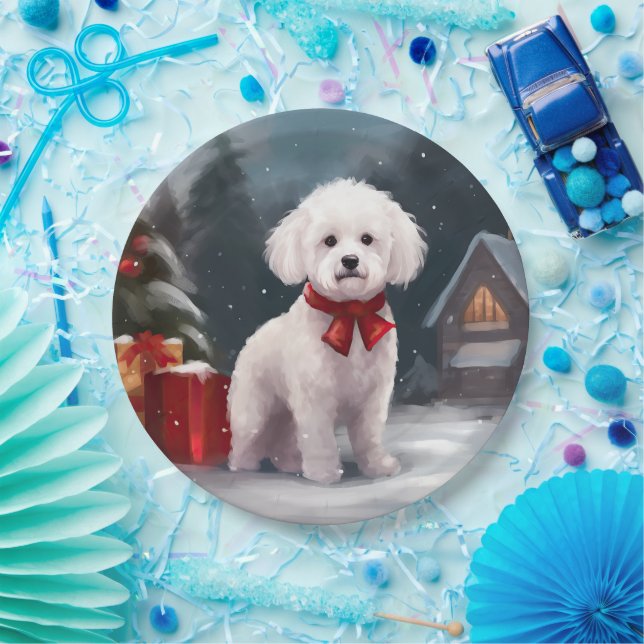 Bichon Frise Dog in Snow Christmas  Paper Plate (Party)