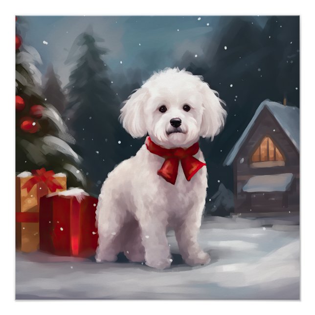 Bichon Frise Dog in Snow Christmas  Poster (Front)