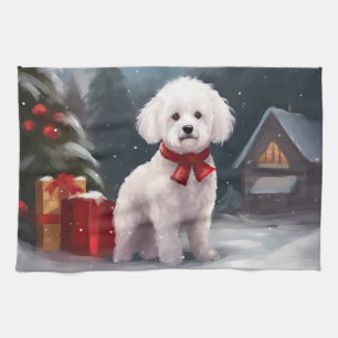 Bichon Frise Dog in Snow Christmas Tea Towel