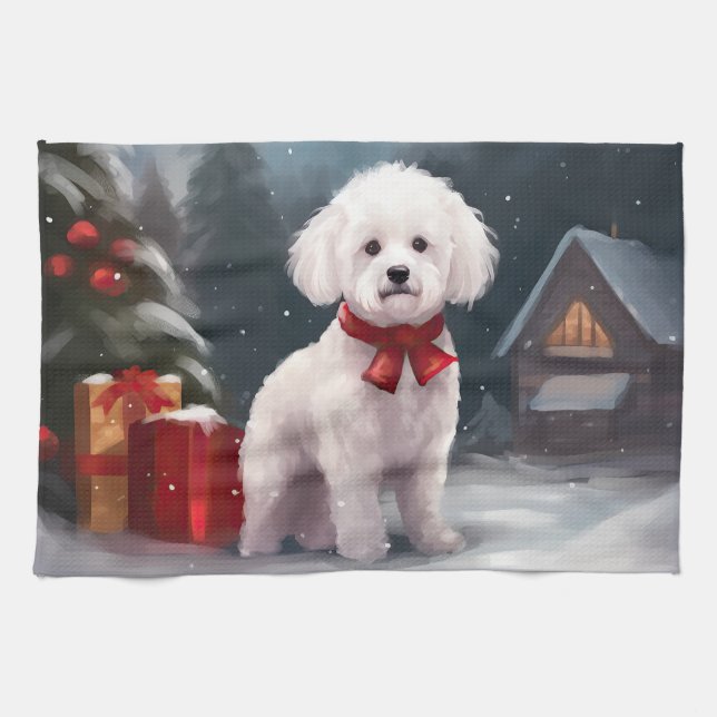 Bichon Frise Dog in Snow Christmas  Tea Towel (Horizontal)