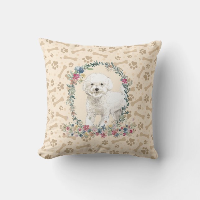 Bichon Frise Dog Paw Print & Floral Cute Cushion (Front)