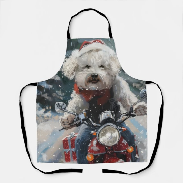 Bichon Frise Dog Riding Motorcycle Christmas Apron (Front)