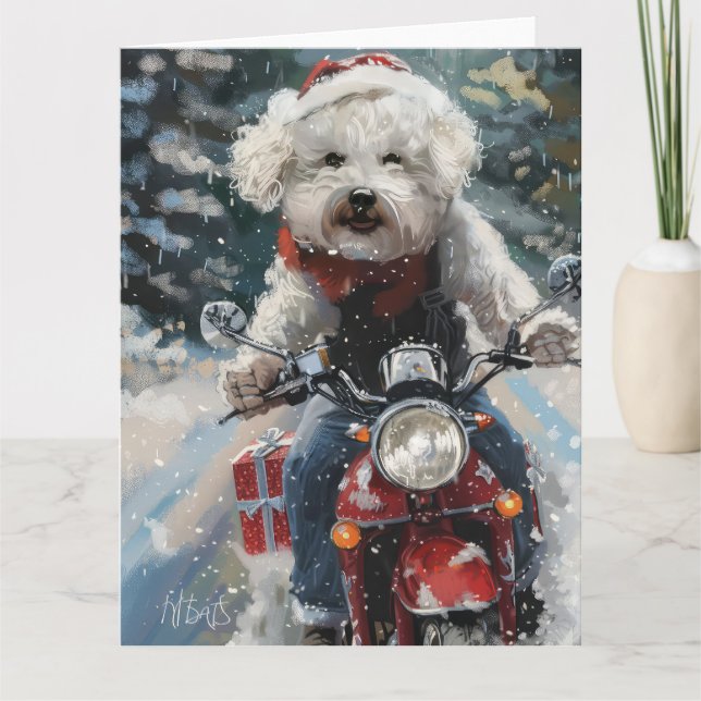 Bichon Frise Dog Riding Motorcycle Christmas Card (Front)