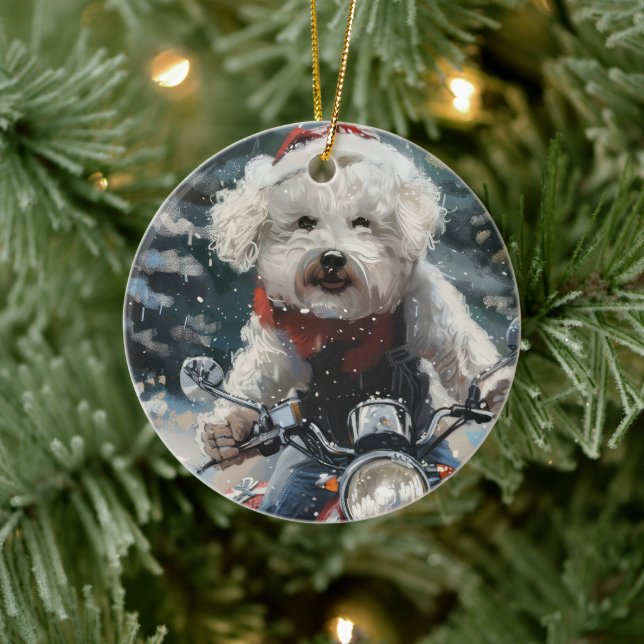 Bichon Frise Dog Riding Motorcycle Christmas Ceramic Tree Decoration (Tree)