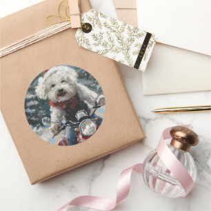 Bichon Frise Dog Riding Motorcycle Christmas Classic Round Sticker
