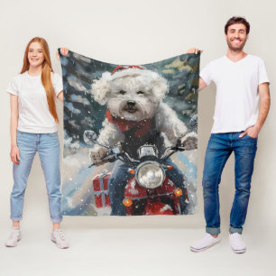 Bichon Frise Dog Riding Motorcycle Christmas Fleece Blanket