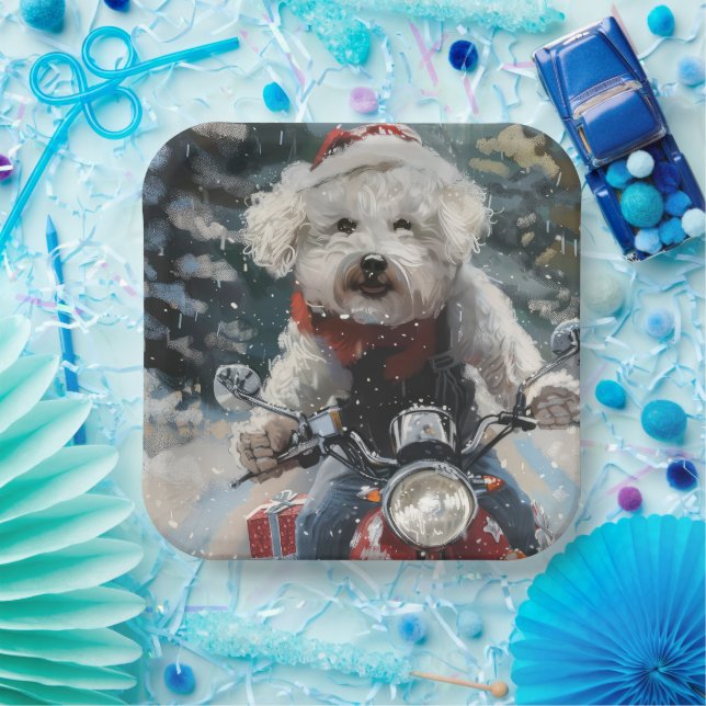 Bichon Frise Dog Riding Motorcycle Christmas Paper Plate (Party)