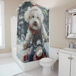Bichon Frise Dog Riding Motorcycle Christmas Shower Curtain