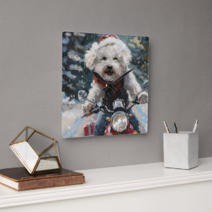 Bichon Frise Dog Riding Motorcycle Christmas Square Wall Clock