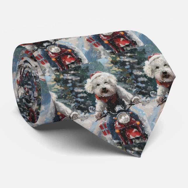 Bichon Frise Dog Riding Motorcycle Christmas Tie (Rolled)