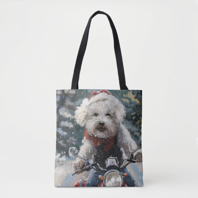 Bichon Frise Dog Riding Motorcycle Christmas Tote Bag (Front)