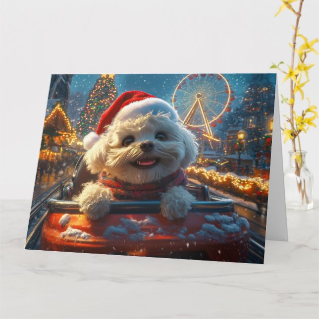 Bichon Frise Dog Roller Coaster Christmas Card (Yellow Flower)