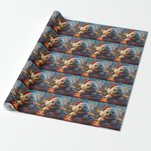 Bichon Frise Dog Roller Coaster Christmas Wrapping Paper (Unrolled)