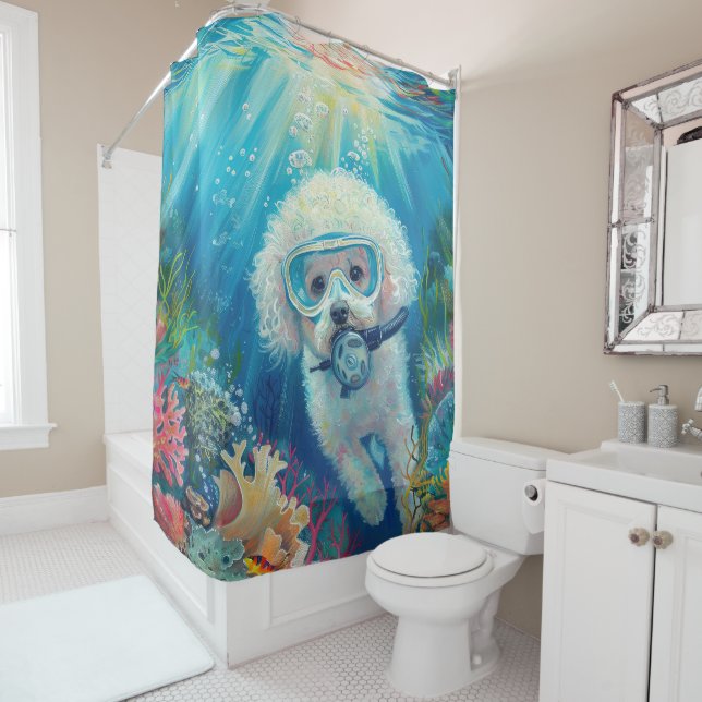 Bichon Frise Dog Scuba Diving Underwater Shower Curtain (In Situ)