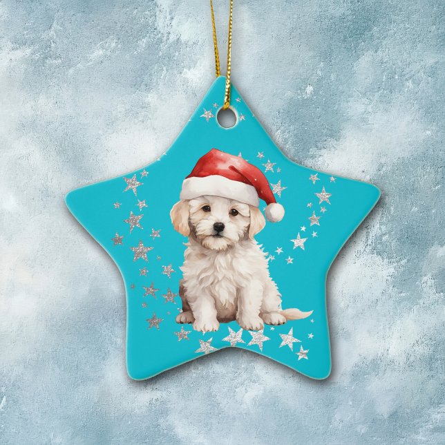 Bichon Frise Dog Silver Stars Blue Christmas Ceramic Tree Decoration (Creator Uploaded)