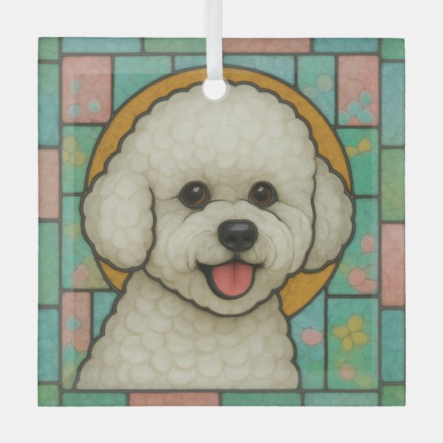 Bichon Frise Dog "Stained Glass"  Glass Tree Decoration (Front)