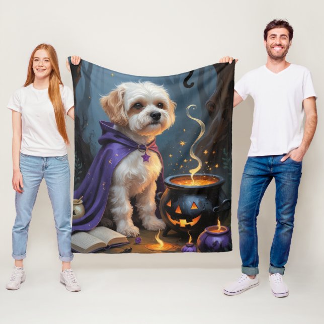 Bichon Frise Dog Whimsical Halloween Painting Fleece Blanket (In Situ)