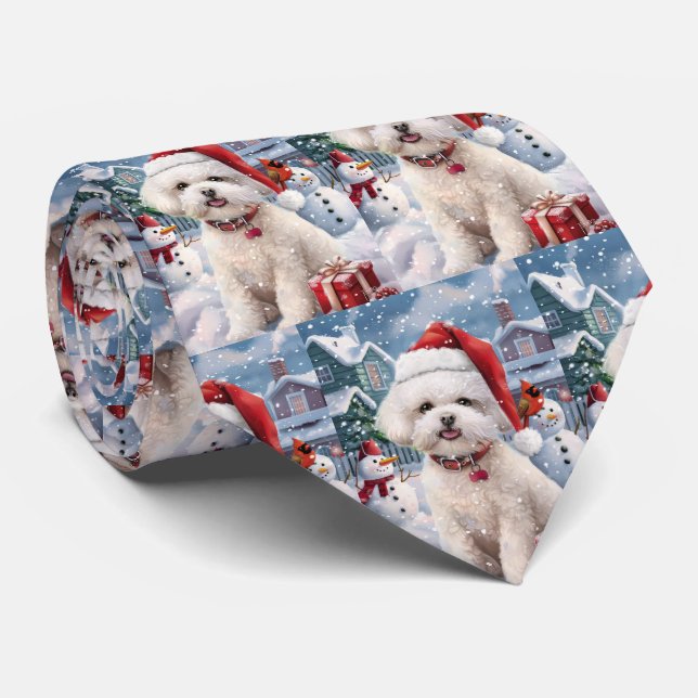 Bichon Frise Dog Winter Wonderland Christmas Joy Tie (Rolled)