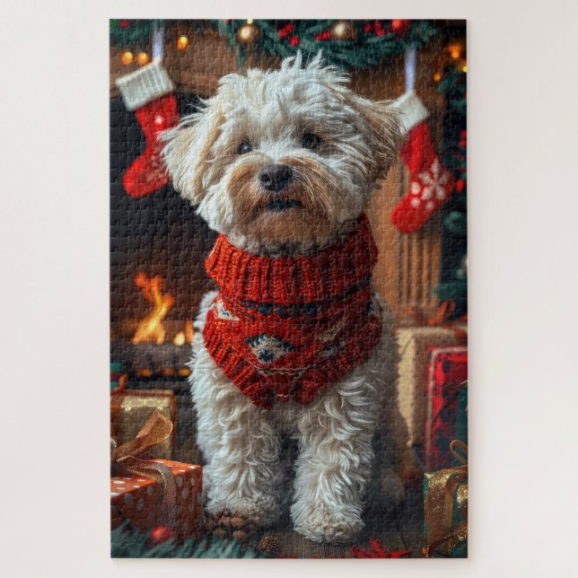 Bichon Frise Dog with Christmas Gifts Fireplace Jigsaw Puzzle (Vertical)