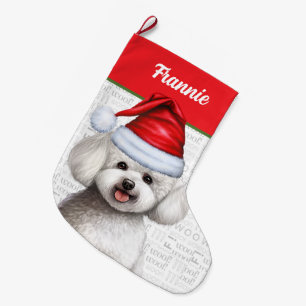 Bichon Frise Dog with Dog's Name Large Christmas Stocking