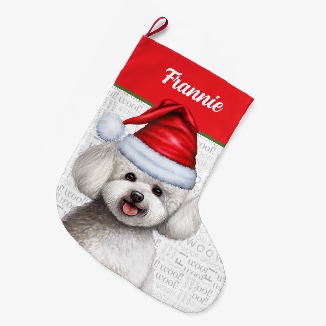 Bichon Frise Dog with Dog's Name Large Christmas Stocking (Front (Hanging))