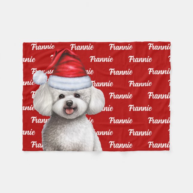 Bichon Frise Dog with Name Christmas Holiday Fleece Blanket (Front (Horizontal))
