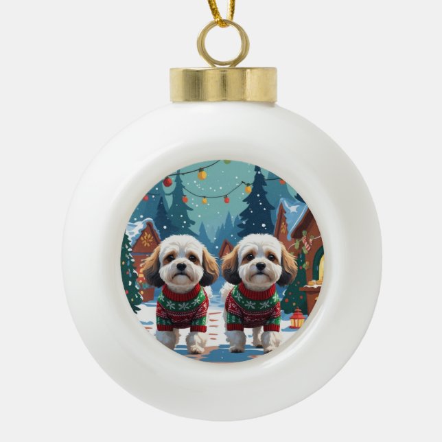 Bichon Frise Dogs Christmas Snow Holiday Ceramic Ball Christmas Ornament (Front)