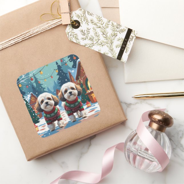 Bichon Frise Dogs Christmas Snow Holiday Square Sticker (Gifting)