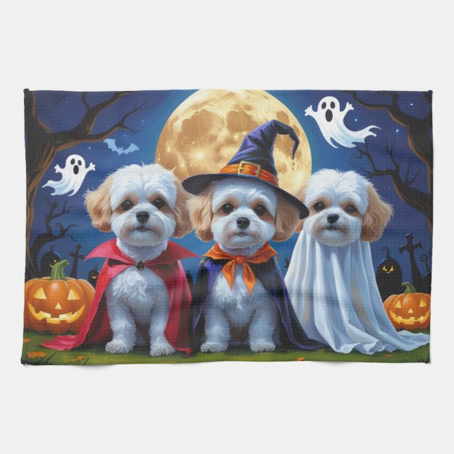 Bichon Frise Dogs Pumpkin Halloween Funny  Tea Towel (Horizontal)