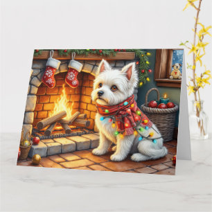 Bichon Frise Fireplace with Christmas Lights Card