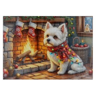 Bichon Frise Fireplace with Christmas Lights Cutting Board
